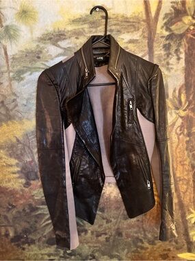 Cut25 Black Faux Leather Moto Jacket with Taupe Knit Panels